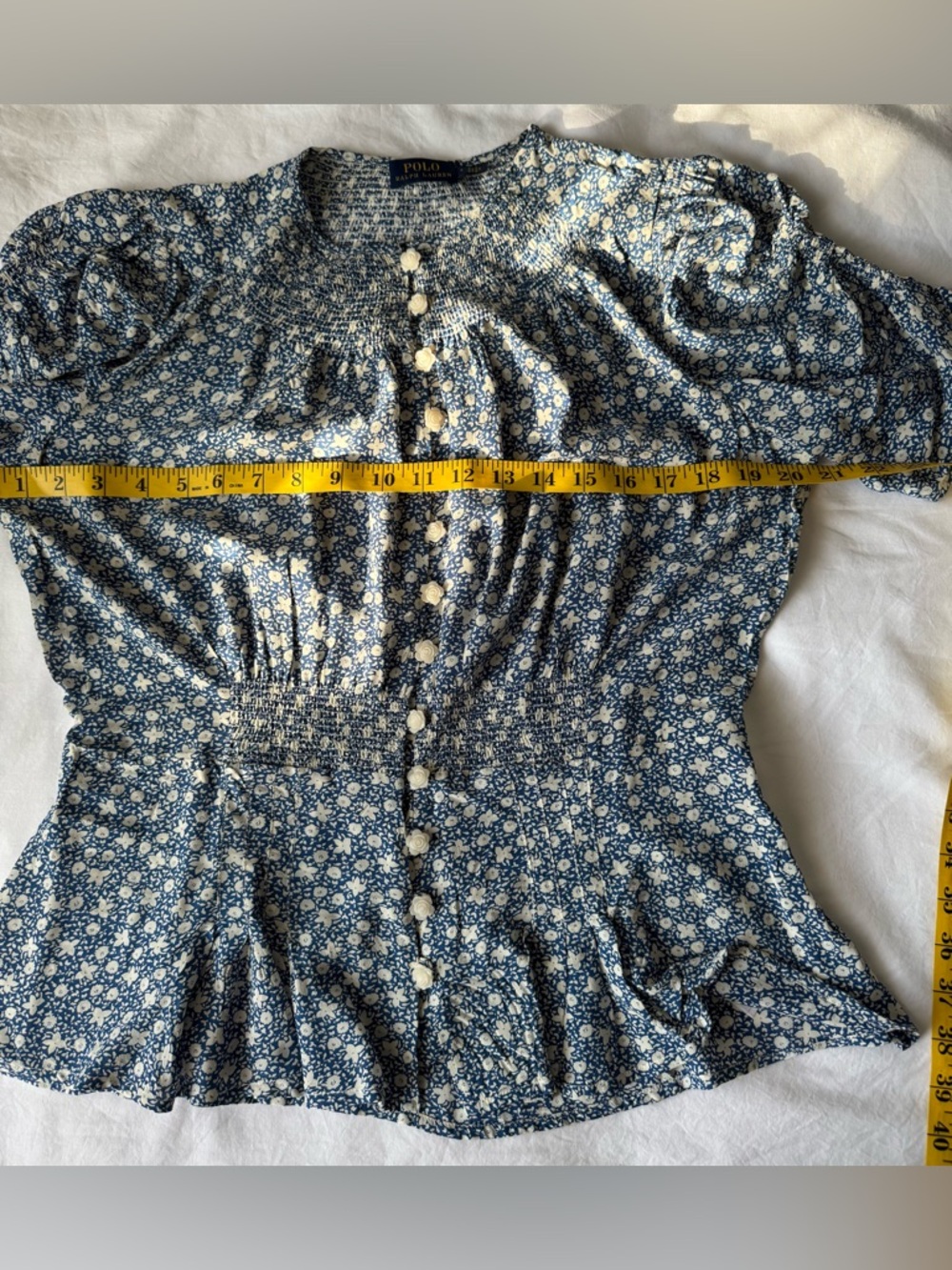 Polo Ralph Lauren Floral Print Blue White Ruched Sleeve Button Front Blouse 8 - Picture 9 of 10